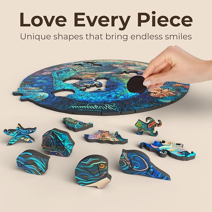 Crafthub Mystical Creatures Wooden Puzzles for Adults – A3 Dreamy Mermaid with 127 Pieces Wood Puzzles – Jigsaw Puzzles with Unique Animal Shapes – 10.9"x10.9"
