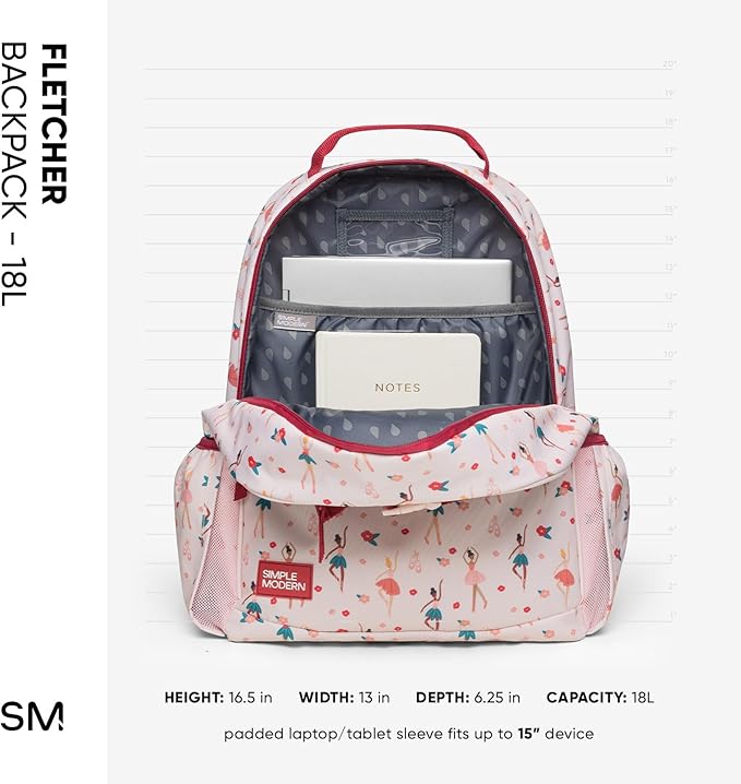 Simple Modern Large Kids Backpack for School Girls and Boys | Elementary Backpack for Teen | Fletcher Collection | Kids - 16" tall | Pink Ballerina