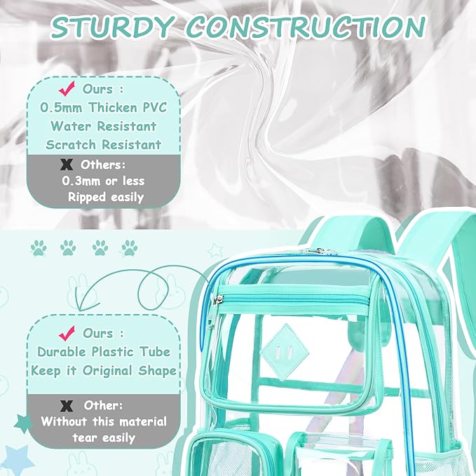 Clear Backpack for School,Heavy Duty PVC Transparent Bookbag for Girls Stadium Approved See Through Backpack