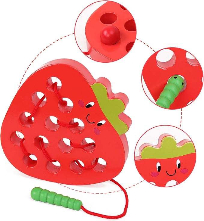 Wooden Lacing Threading Toys Fine Motor Skill Toys for 3 Year Old Educational and Learning Montessori Toddler Travel Toy 1 Strawberry and 1 Dog