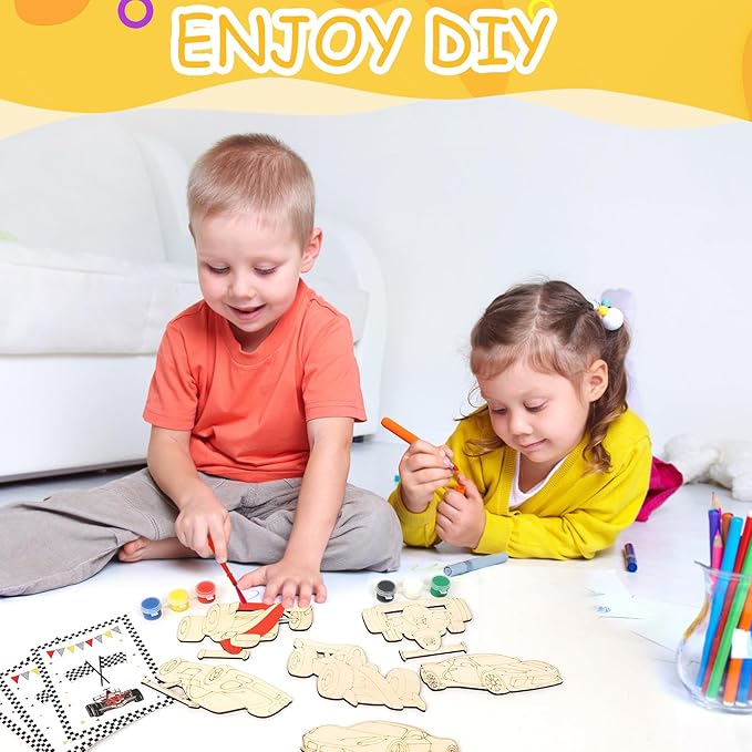 LARDUX Race Car Party Favors, 24PCS DIY Wooden Arts & Crafts Painting Kit for Kids, Glow in The Dark Party Favors Family Crafts Birthday Party Christmas Gifts Toys for Boys Girls