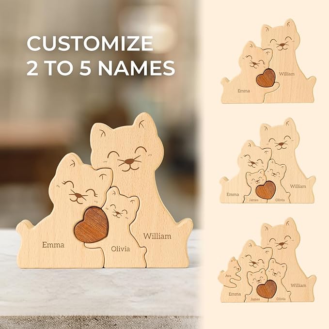 Wooden Cat Family Puzzle, Personalized Puzzles with 2-5 Names, Mothers Day Birthday Personalized Gifts for Mom Dad Grandma Kids Teen Boys Girls, Toddler Men Christmas Thanksgiving Decorations