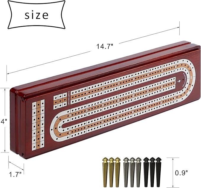 Juegoal Upgrade Wood Cribbage Board Game Set, Solid Wooden Continuous 3 Track Board with Larger Storage Area, 9 Metal Pegs and 2 Decks of Playing Cards, Travel Portable Cribbage Game Sets