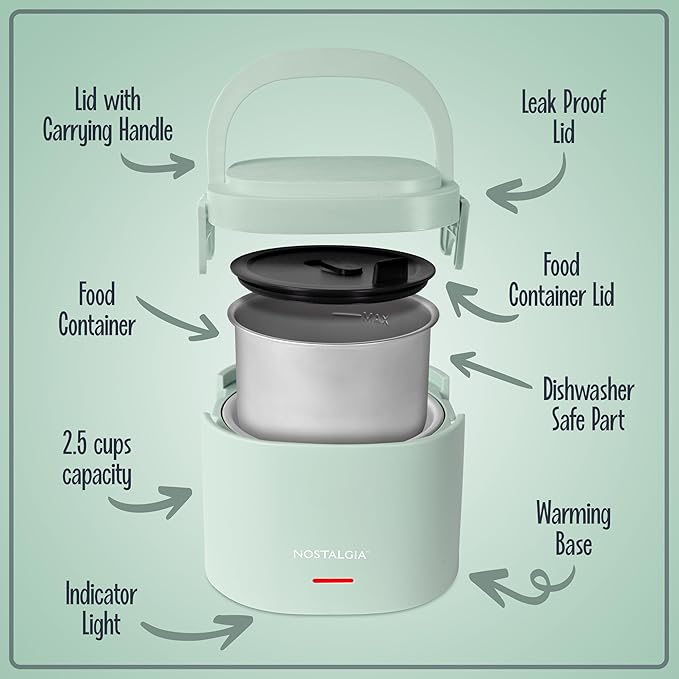 Nostalgia Portable 20-Ounce Electric Heated Lunch Box – Travel Size 2.5 Cup Capacity for Soup, Chili, and Leftovers – Leak Proof Silicone Sealed Lid, Foldable Carry Handle, Detachable Cord – Sage