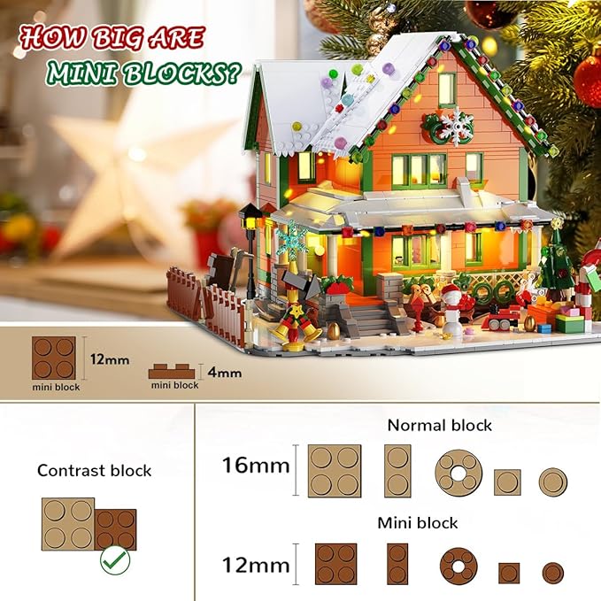 Advent Calendar 2025 Christmas House Mini Building Set with Light, 24 Days Countdown Snow Village Building Block Kit with Santa Claus Sleigh, Holiday Building Toy Gift for Adults Boys Girls 14+