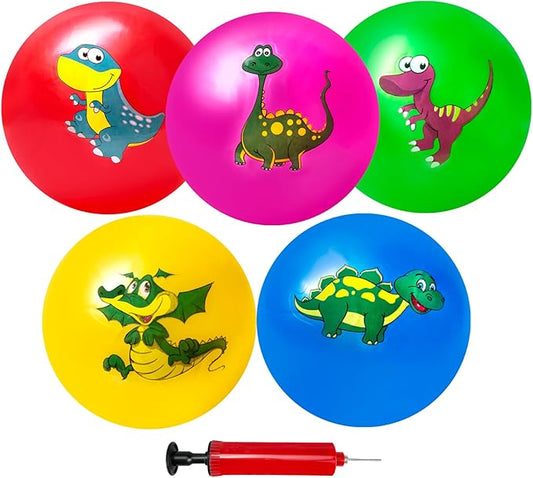 Hymaz 9 Inch 5 Pcs Bouncy Balls for Toddlers, Rubber Inflatable Bouncy Ball for Kids Ball Games, Soft Dinosaurs Sensory Balls with Pump for Indoor Outdoor Beach Playground Backyard Pool Class Games