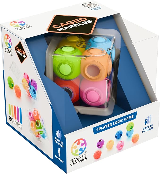 SmartGames Caged Marbles 3D Logic Game with 80 Challenges for Ages 10 - Adult. Can You fit The Marbles in The Cube?