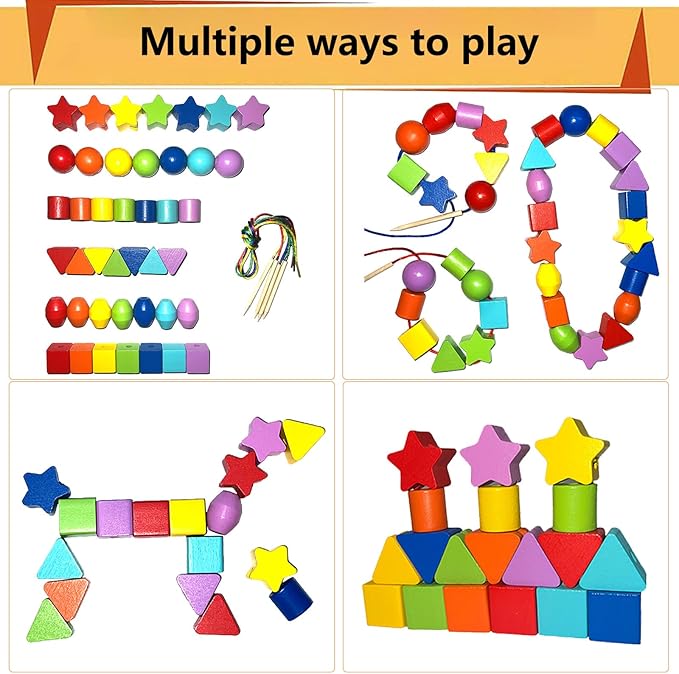 46PCS Montessori Lacing Toddler Beads Threading Toys for Toddlers Wooden Primary String Sewing Preschool Fine Motor Skills Educational Toy for 3 4 5 6Years Old Boys Girls