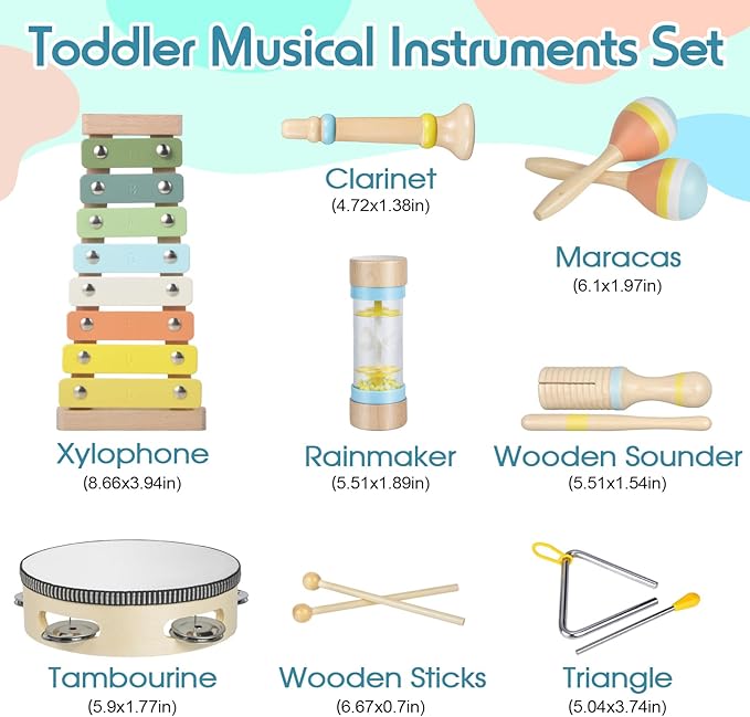 Toddler Musical Instruments Set, Wooden Montessori Toys for 1 2 3 Year Old Boys Girls, Baby Musical Toys with Storage Bag for Early Learning, Christmas Birthday Gift for Kids Preschool Educational