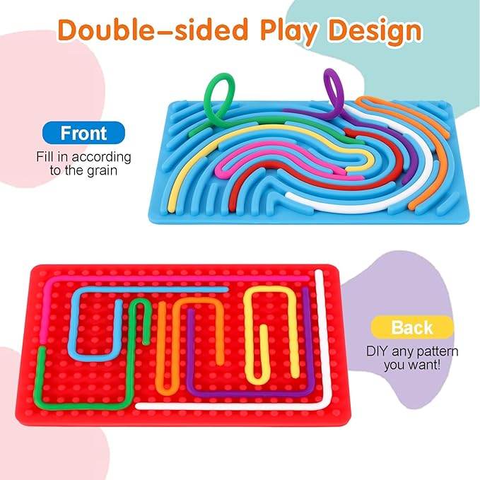 2pcs Sensory Activity Board, Double-Sided Silicone Fidget Toys for Kids 3+ & Adults, Sensory Toys for Anxiety, ADHD, Autism, Calming, Includes Travel Bag & 20 Strings, Red & Blue