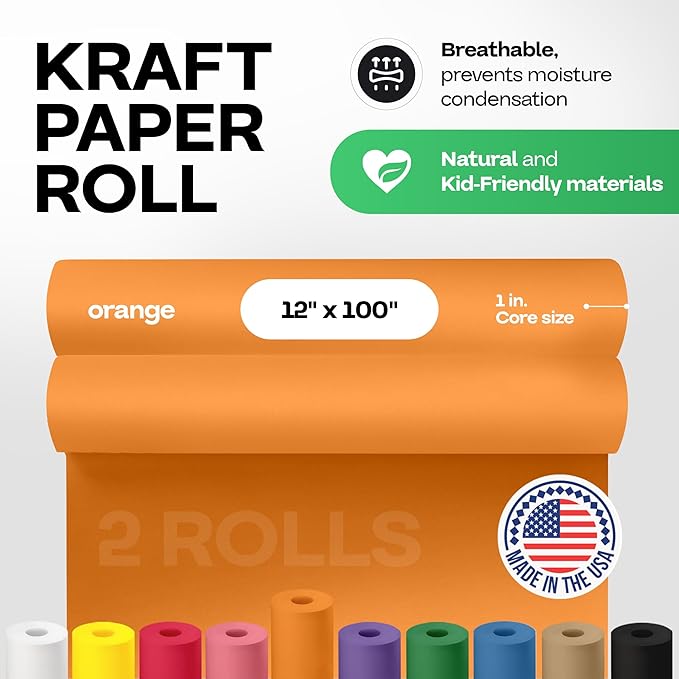 12" x 1200" (100 ft) Orange Kraft Paper Roll, Pack of 2 - USA-Made Quality Craft Paper for Gift Wrapping, Kids' Arts & Crafts, School Projects - 100% Recycled, 50 lb Natural Material by IDL Packaging