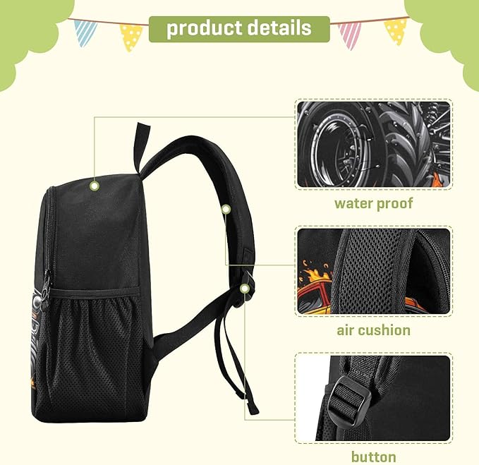 Monster Truck Orange Toddler Backpack for Boys Girls 3-6 Small Preschool Backpacks for Kids Elementary Mini Bookbag for Preschool for School