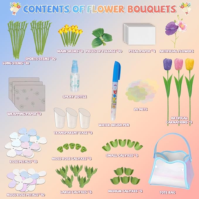 DIY Flower Bouquets Toys, Fabric Flower Market Toy is for Kids Best Gifts for Girls Boys Ages 5 6 7 8 9 10 to Craft Your Own Master Piece of Color Changing Flowers Kit