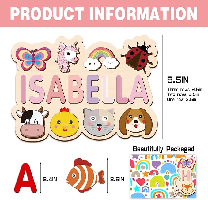 Name Puzzle for Kids Personalized, Custom Wooden Name Animal Puzzle, Montessori Learning Toys for Toddler 1-3, First Birthday Gifts for Girls&Boys