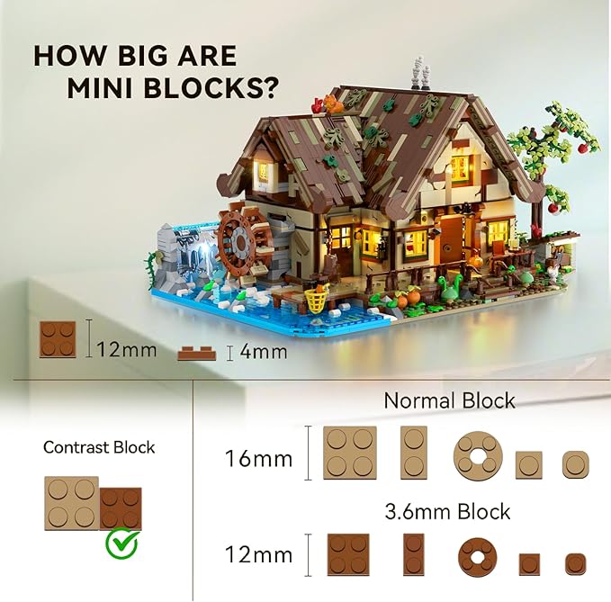 Wood Cabin Mini Building Set with Lights, Forest House Building Block Kit with Animals Stream Waterwheel, 2570 PCS Treehouse Construction Model Toy Collection for Adults Teens Boys Girls 12+