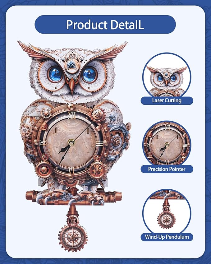 3D Wooden Puzzles for Adults, 3D Puzzle Owl Clock Kit (with Pendulum), Mechanical Owl 3D Puzzles for Adults Crafts for Adult Home Decor Clock Puzzle Gifts for Women Men