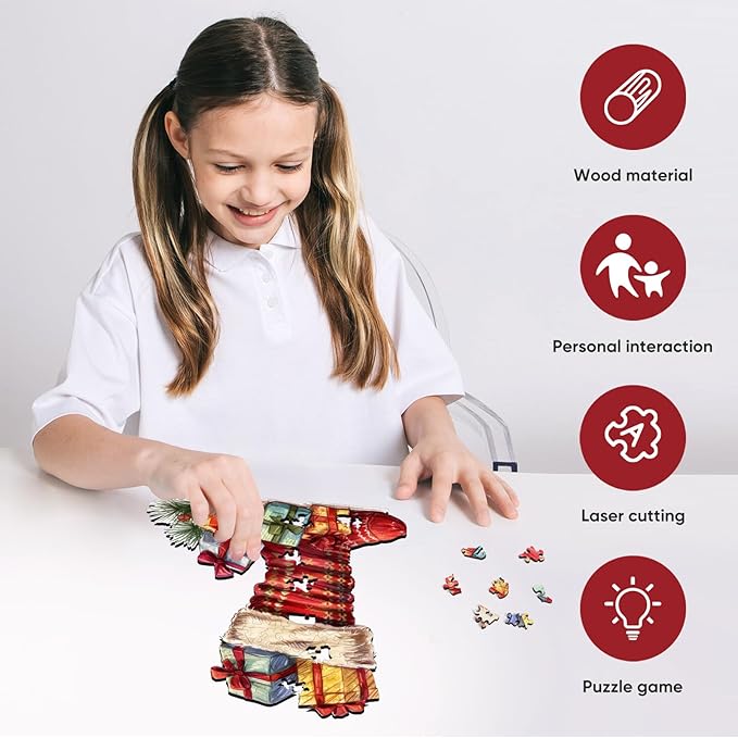 Ruikiyart Wooden Puzzles for Adults, 5MM 150 Pieces Christmas Boots Wooden Jigsaw Puzzles, Unique Shapes Pieces Christmas Puzzles Great Box Gift for Kids and Adults (9.5"x11.4")