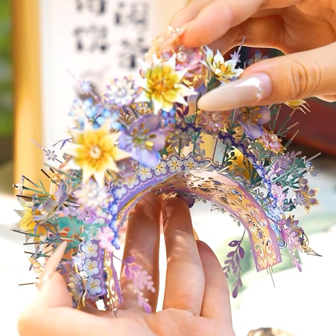 MU 3D Metal Puzzle Models Kits Wooden Puzzles Head-Pinned Flowers Crown, Head Jewelry Craft Work Miniature Building, DIY Set Birthday New Year Girlfriend Gifts Home Desk Office Decor New Year Gift