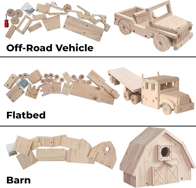 Kraftic Woodworking Building Kit for Kids and Adults, Set of 3 Educational DIY Carpentry Construction Wood Model Kit Toy Projects for Boys and Girls - Off-Road Vehicle, Flatbed Truck, Barn Birdhouse