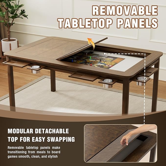 Solid Wood Convertible Board Game Table for 4-6 Players - Removable Dining Top, Premium Leather Mat, 4 Detachable Cup Holders, 54"x31" Play Area - Black Walnut for Epic Family Game Nights