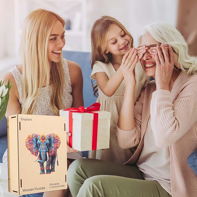 Wooden Jigsaw Puzzle, 200 Pcs Unique 3D Shape Jigsaw Puzzles, Wood Puzzle Gift Box Packing, Medium Size Letter, Creative Gift for Adults and Kids, Fun Challenging (EA4Elephant, 200PCS)