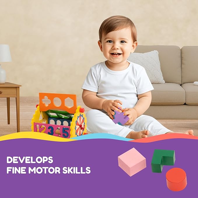6-in-1 Wooden Shape Sorter for Toddlers 1 2 3+ Years | Educational Montessori Toy with Numbers, Shapes, Colors | Develops Fine Motor Skills | 100% Child Safe | Learning Gift for Kids