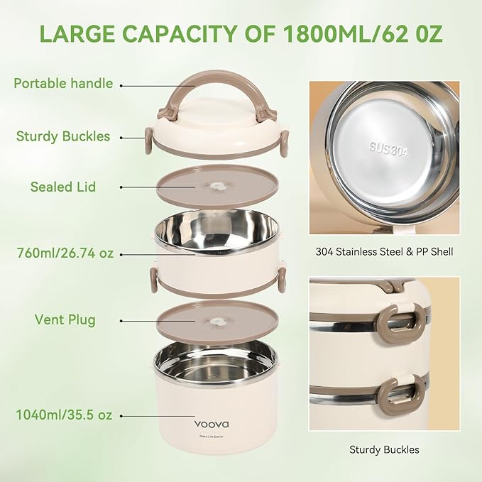 Voova Stackable Stainless Steel Thermal Lunch Box with Lunch Bag for Women Men Adult Kids, 2 Tier Leakproof & Microwave Safe Insulated Bento Boxes Food Container for Work School, Black