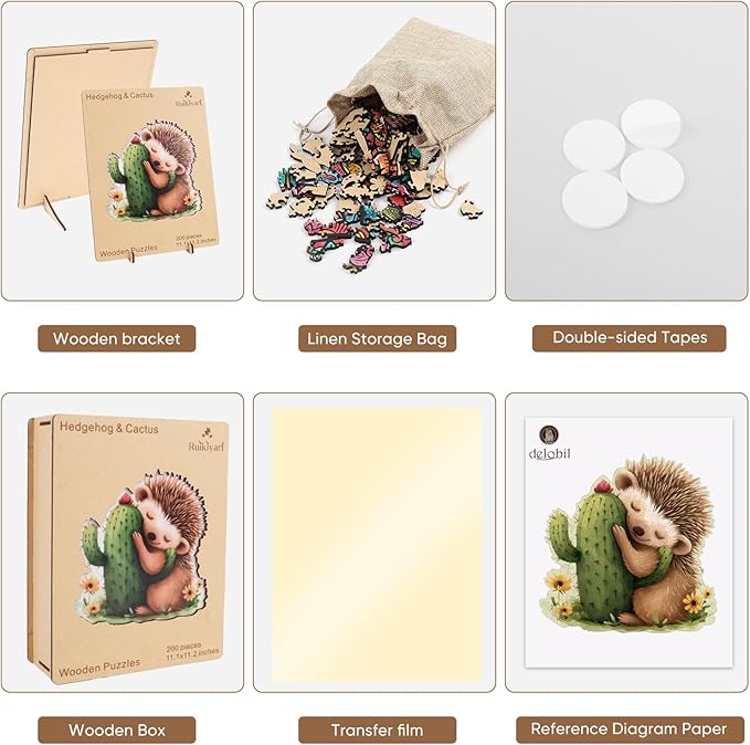 Ruikiyart Wooden Puzzles for Adults, 5MM 200 Pieces Hedgehog Cactus Wooden Jigsaw Puzzles, Unique Shapes Succulent Puzzle Gift for Kids and Adults on Birthday, Thanksgiving, Christmas (11.1"x11.2")