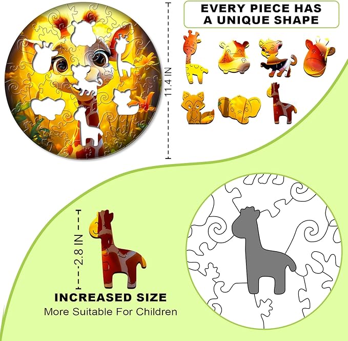 Christmas Birthday Gifts for Kids Girls Boys, Wooden Jigsaw Puzzles for Kids Ages 4-6, 50 Piece Unique Shape Animal Theme Puzzle - Preschool Learning Educational Toys for Kid 3+ (Giraffe)