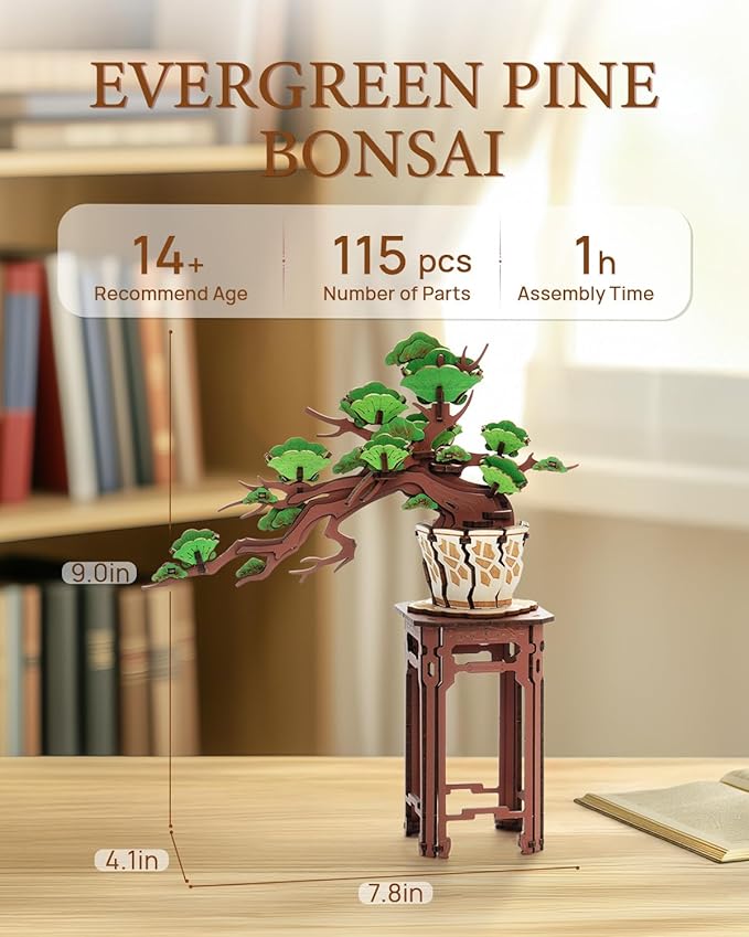 3D Wooden Puzzle for Adults - Evergreen Pine Bonsai, DIY Wood Model Kit, Creative Craft Kit, Unique Gift and Home Decor for Nature Lovers (115PCS)