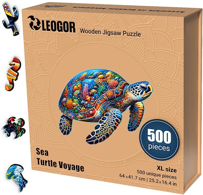 LEOGOR Wooden Jigsaw Puzzles for Adults 500 Pieces (25.2 x 16.4 in), Sea Turtle Puzzle, Extra-Thick 5mm Wood, Colorful Marine Life Design, Unique Gift and Interesting Challenge for Adults and Teens