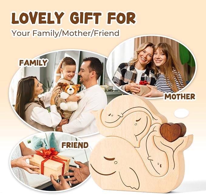 Wooden Whale Family Puzzle Games, Personalized 4 Name Puzzle for Home Crafts Decor, House Warming Birthday Party Gifts for Mom Dad Grandma Kids New Baby, Wooden Bear Family
