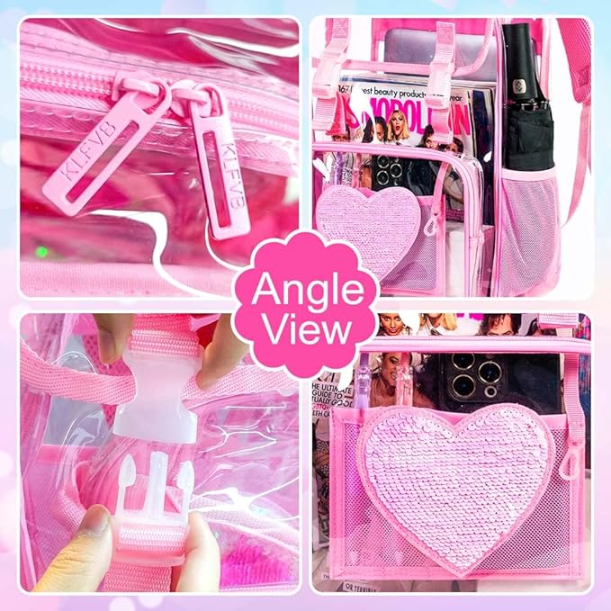 17" Sequin Clear Backpack for Girls - 3Pcs Sparkle Flip Design Stadium Approved Set, Gym/Concert Transparent Bookbag (Pink)