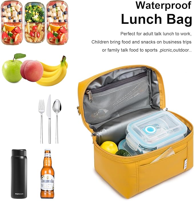 NOL Natural Organic Lifestyle Reusable Insulated Lunch Bags for Adults Lightweight Nylon Waterproof Lunch Box with Removable Adjustable Strap Insulated Lunch Bag for Work (Small Earth-yellow)