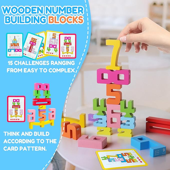 Wooden Number Building Blocks - 20Pcs Stacking for 3+ Years Old Kids, Digital Building Blocks, 1-10 Digital Blocks Toys, Balance Competition Toy, Educational Gift for Boys and Girls