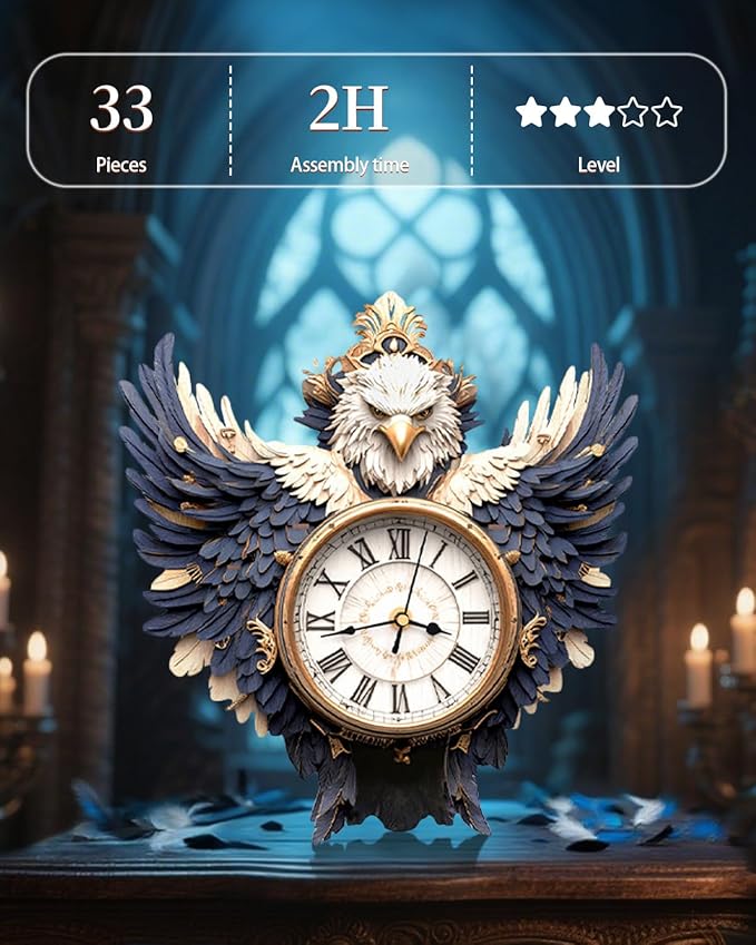 3D Wooden Puzzles for Adults, Bald Eagle Clock with Pendulum Model Kit, 3D Puzzles for Adults Room Home Decor DIY Wall Clock Kit, Holiday Birthday Christmas Day Gifts for Men Women Teens