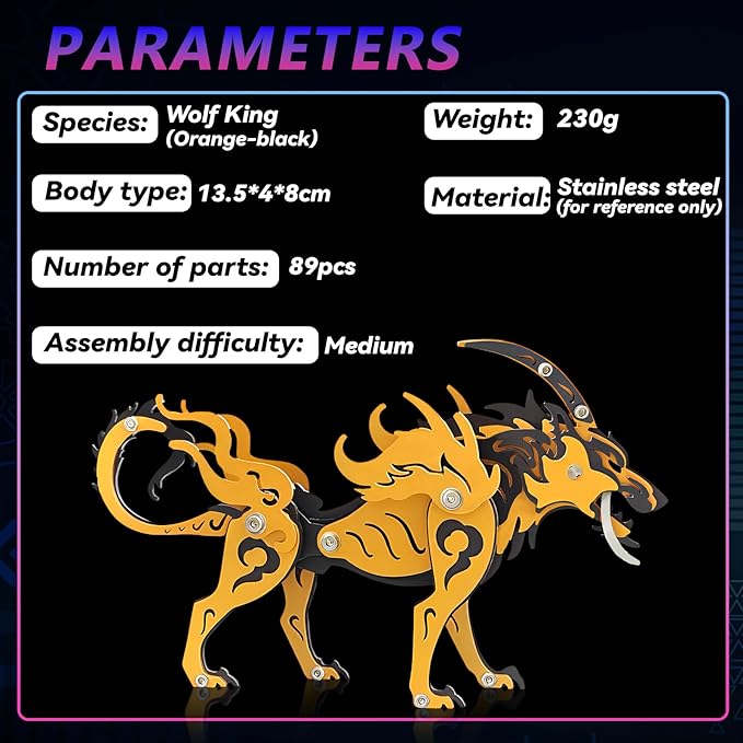 3D Metal Puzzles,3D Metal Puzzle for Adults,Mechanical Model Kit Wolf King Orange Black,Steel 3D Puzzles Stainless Steel Ornaments for Adults Home Decor Art Craft Gifts Toys.