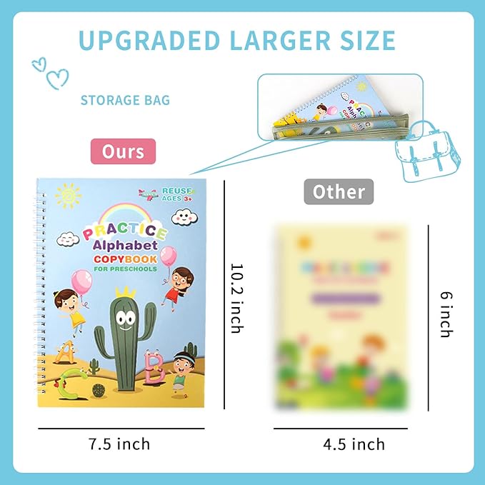 Grooved Handwriting Book Practice, Magic Copybooks for Kids Reusable Handwriting Practice Set, Preschool Calligraphy Workbook with a Storage Bag for Easy Use(Large Size)