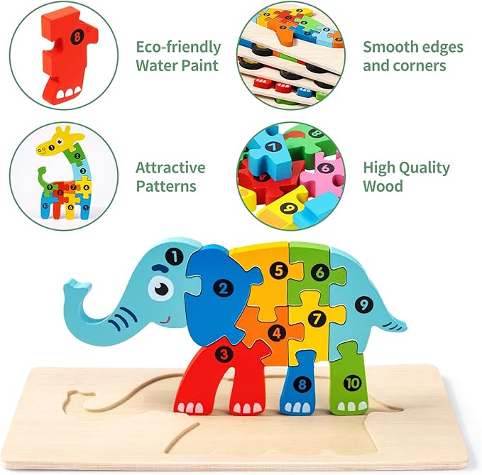 9 Pack, Wooden Puzzles for Kids, Toddler Number Puzzle, Animal Dinosaur Toddler Toys, Montessori Toys for Kids Ages 3+