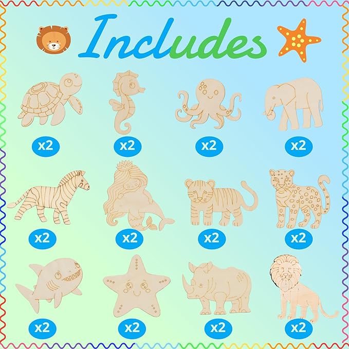 GEECOZYLIFE Animals Wood Crafts - 24 Pcs Safari & Under The Sea Wooden Animal Painting Kits with Word Search Cards - Classroom Birthday Gifts, Goodie Bags & School Rewards Crafts