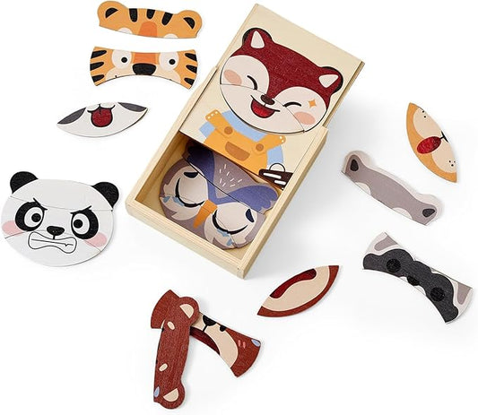 Wooden Animal Jigsaw Puzzles for Toddlers, Emotion Recognition with Expressive Animal Faces - Natural Wooden Pieces for Shape Matching, Early Learning & Fine Motor Skill Development