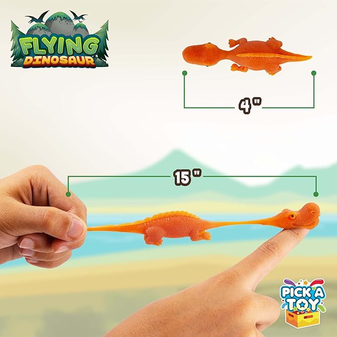 PICK A TOY Stretchy Slingshot Dinosaur Toys – 36 Mini Rubber Dinosaurs, Party Favors, Kids Prizes, Easter Egg Fillers, Finger Flingers Flying Chicken Toy