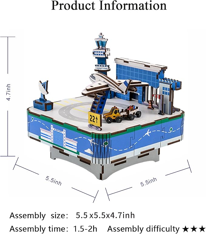 3D Wooden Puzzles Airport Model DIY Rotating Music Box Kit for Teen Boys and Girls-Birthday Gifts and Toys for Kids（Airport Model Music Box）