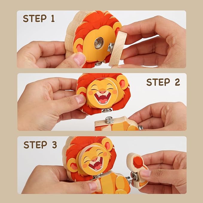 HUZU Animal Snap Wooden Building Blocks – Fun & Educational Puzzle Toy for Kids Aged 3-8, Features Cow, Bear, Lion and Turtle, Matching Game with Interchangeable Animal Faces & Emotions