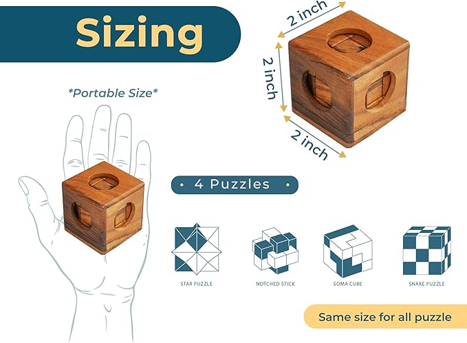 BSIRI Wooden Puzzle Box Set (4 Games) - Challenging Brain Teasers 3D Puzzles for Adults, Interlocking Games for IQ Test. Ideal for Rustic Patio Decor, Unique Gift for Christmas and Birthdays