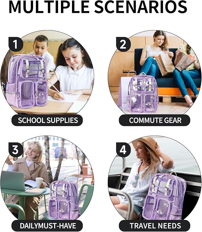Clear Backpack for School - 17" Transparent Backpacks With Water-Resistant PVC Plastic Material and Ruggedly Reinforced Shoulder Straps, School Bag for Teen Boys Girls Purple