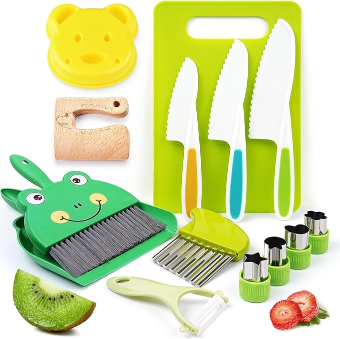 Montessori Kitchen Toys-14pcs Toddler Toys Kids Cooking Sets Real with Safe Knife Set Gift for 2-3-4-5-6-7-8 Years Old