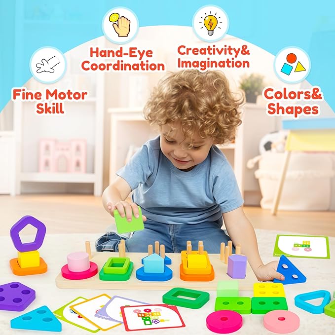 Montessori Toys for 1 2 3 Year Old Boys Girls Birthday Gifts Color Shape Sorters Wooden Stacking Toys for Toddlers 1-3 Puzzles Blocks for Toddlers 2-4 Preschool Learning Educational Sensory Travel Toy
