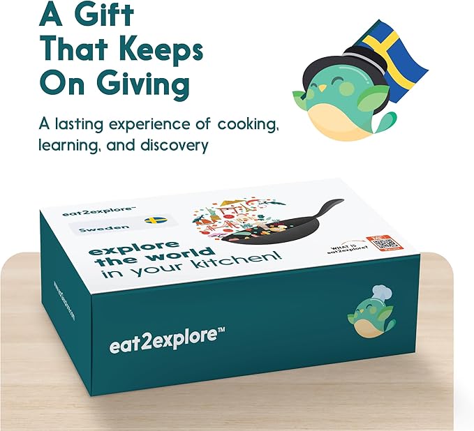 eat2explore Cooking Kits for Kids - Interactive & Educational Set with 3 Recipe Cards, Key Ingredients & Cooking Tools - Ideal Idea for Kids who Love to Create Meals (Sweden Edition)
