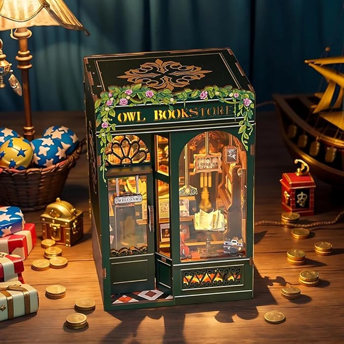 Cutefun Book Nook Kit - DIY Miniature House Kit for Bookshelf Decor, Book Nook Kits for Adults & Beginners, 3D Wooden Puzzle Dollhouse, Ideal Gift for Family and Friends (OWL Bookstore)